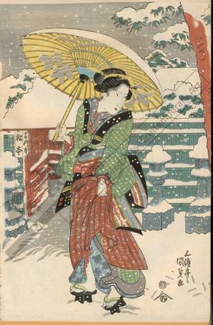 歌川国貞: View of the Sangen teahouse in the snow near Fukagawa Hachiman shrine in Edo - Austrian Museum of Applied Arts