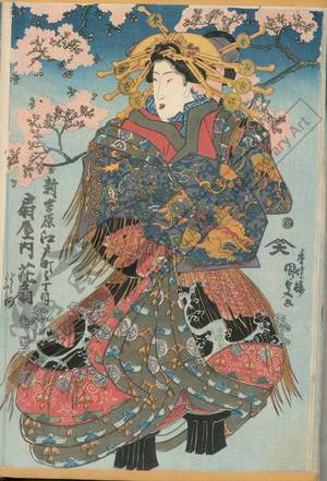 Utagawa Kunisada: Courtesan Hanaogi and kamuro Yoshino and Tatsuta form the Ogi house on Edo street of New Yoshiwara - Austrian Museum of Applied Arts