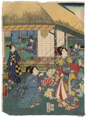 Utagawa Kunisada II: Beautiful women in the garden and inside the house (title not original) - Austrian Museum of Applied Arts