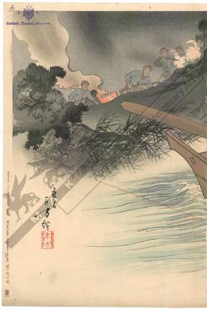 Mizuno Kumejiro: Kawasaki Iseo, spy of the cavalry, crosses alone in the evening of the 3rd august the Taidong River, observes enemy movements and while taking a boat from the enemy returning composedly to his camp - Austrian Museum of Applied Arts