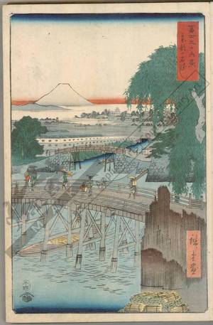 日本版画 "Ichikoku bridge in the eastern capital" 由 Ando Hiroshige, 歌川広重 (Ando Hiroshige) 创作