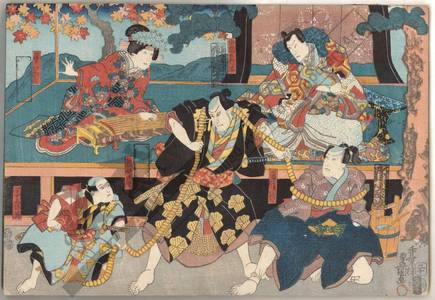 歌川国貞: Chunagon Yukihira, Matsukaze from Suma, Yomosaku, Yakko Ranpei and his only child Shigezo - Austrian Museum of Applied Arts