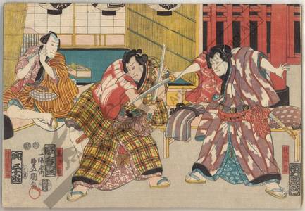 Utagawa Kunisada: Akitsushima, Onigadake and the wrestling referee Shokuro - Austrian Museum of Applied Arts