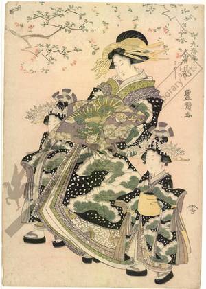 Utagawa Toyokuni I: Courtesan Aimi and kamuro Tsuruno and Kameshi from the Marumi house - Austrian Museum of Applied Arts
