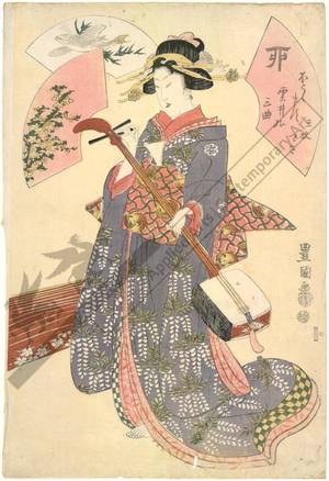 Utagawa Toyokuni I: Hare, Nightingale, A group of three instruments, set of three prints - Austrian Museum of Applied Arts