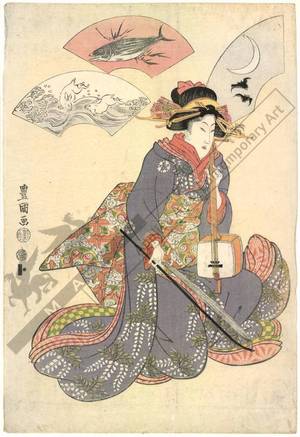 Utagawa Toyokuni I: Hare, Nightingale, A group of three instruments, set of three prints - Austrian Museum of Applied Arts