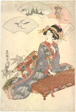 Utagawa Toyokuni I: Hare, Nightingale, A group of three instruments, set of three prints - Austrian Museum of Applied Arts