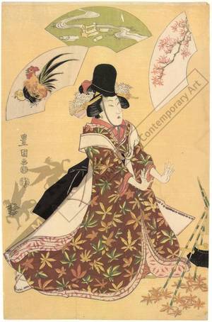 Utagawa Toyokuni I: Cock, The garden of the gods, Brocade prints of the maple leaves, Set of three prints - Austrian Museum of Applied Arts