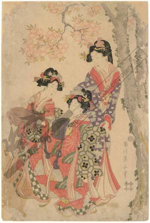 Kikugawa Eizan: Courtesan with two shinzo under a cherry tree (title not original) - Austrian Museum of Applied Arts
