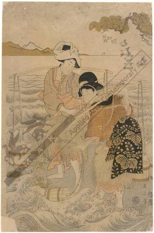 Kikugawa Eizan: Yukihira and the sisters Matsukaze and Murasame (title not original) - Austrian Museum of Applied Arts