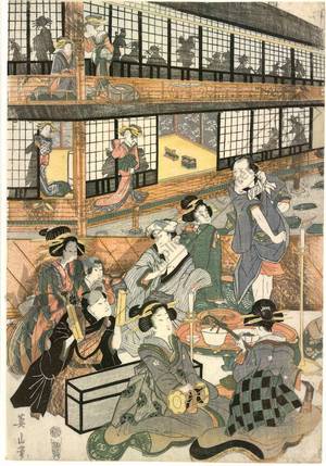 Kikugawa Eizan: Banquet at Ogi house in New Yoshiwara - Austrian Museum of Applied Arts