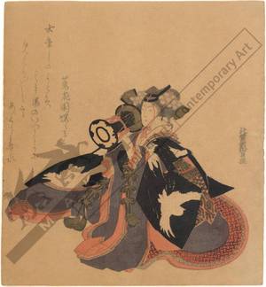 Katsushika Hokuun: Woman playing Tsuzumi-handdrum (title not original) - Austrian Museum of Applied Arts