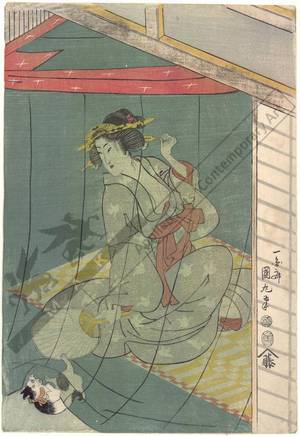 Utagawa Kunimaru: Beauty and a cat playing with the moscito net (title not original) - Austrian Museum of Applied Arts