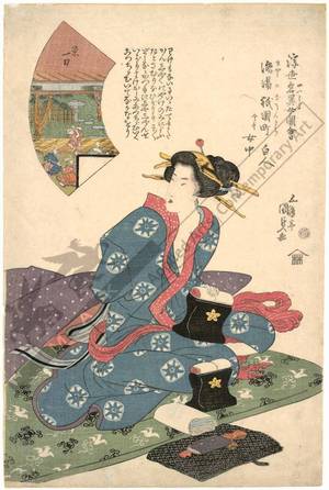 Utagawa Kunisada: Kyoto: A street-walker now a waitress in the Gion-district; small picture: Prosperous Ichiriki - Austrian Museum of Applied Arts