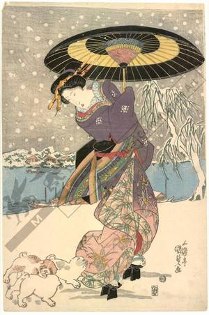 Utagawa Kunisada: Snow view at Motoyanagi bridge - Austrian Museum of Applied Arts