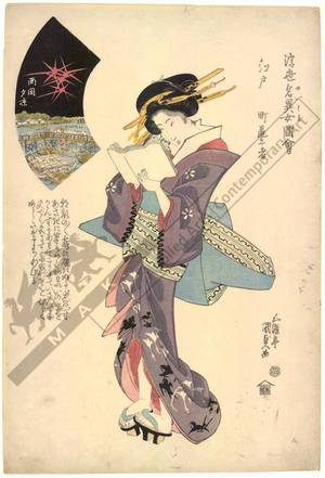 Utagawa Kunisada: Edo: A downtown geisha; small picture: Enjoying the evening cool in Ryogoku - Austrian Museum of Applied Arts