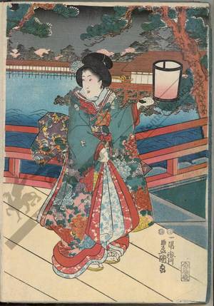 日本版画 "On the bridge (title not original)" 由 Utagawa Kunisada, 歌川国貞 (Utagawa Kunisada I) 创作