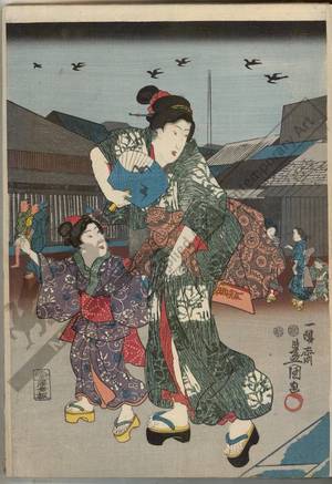 Utagawa Kunisada: Morning visit of a temple exhibiting an image of Saga - Austrian Museum of Applied Arts