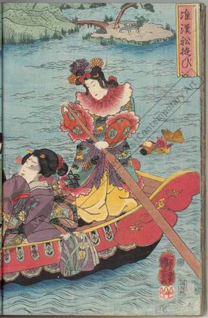 Utagawa Kuniyoshi: Pleasure-trip on a boat in chinese style / Beauties amusing themselves in the garden - Austrian Museum of Applied Arts