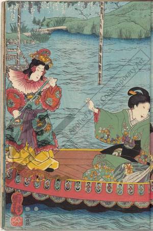 Japanese Print "Pleasure-trip on a boat in chinese style / Beauties amusing themselves in the garden" by Utagawa Kuniyoshi, 歌川国芳 (Utagawa Kuniyoshi)