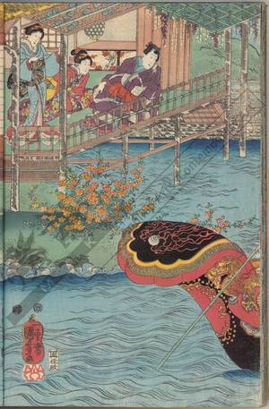 Utagawa Kuniyoshi: Pleasure-trip on a boat in chinese style / Beauties amusing themselves in the garden - Austrian Museum of Applied Arts