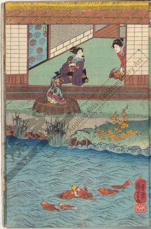 Utagawa Kuniyoshi: Pleasure-trip on a boat in chinese style / Beauties amusing themselves in the garden - Austrian Museum of Applied Arts