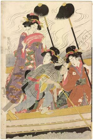 菊川英山: Women’s daimyo procession crossing the river on ferry boats (title not original) - Austrian Museum of Applied Arts