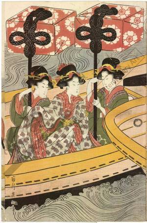 Kikugawa Eizan: Women’s daimyo procession crossing the river on ferry boats (title not original) - Austrian Museum of Applied Arts