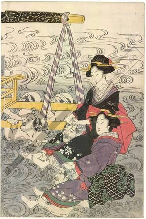 Kikugawa Eizan: Crossing the river in a litter (title not original) - Austrian Museum of Applied Arts