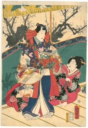 Utagawa Kuniaki: Noble pair with servants on the veranda (title not original) - Austrian Museum of Applied Arts