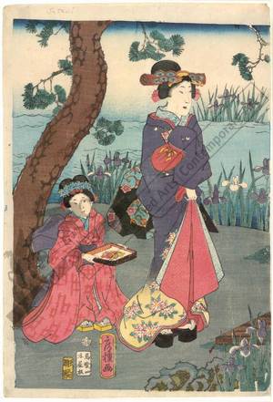 Utagawa Fusatane: The Shining Prince with companions at the Yatsu bridge - Austrian Museum of Applied Arts