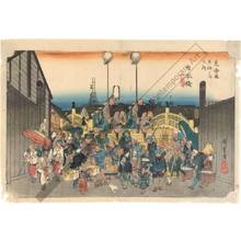 歌川広重: Nihonbashi: Processional standard-bearers (start, print 1) - Austrian Museum of Applied Arts