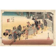 Utagawa Hiroshige: Fujieda: Changing porters and horses (station 22, print 23) - Austrian Museum of Applied Arts