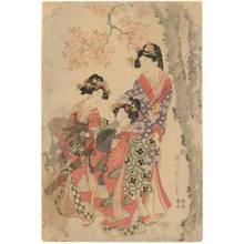 菊川英山: Courtesan with two shinzo under a cherry tree (title not original) - Austrian Museum of Applied Arts
