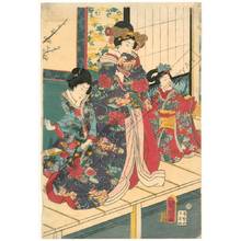 歌川国明: Noble pair with servants on the veranda (title not original) - Austrian Museum of Applied Arts
