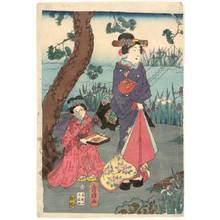 Utagawa Fusatane: The Shining Prince with companions at the Yatsu bridge - Austrian Museum of Applied Arts
