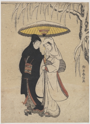 鈴木春信: Young Lovers Walking Together under an Umbrella in a Snow Storm (Crow and Heron) - メトロポリタン美術館