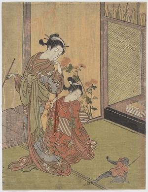 Suzuki Harunobu: Two Girls Looking at a Monkey on a Leash - Metropolitan Museum of Art