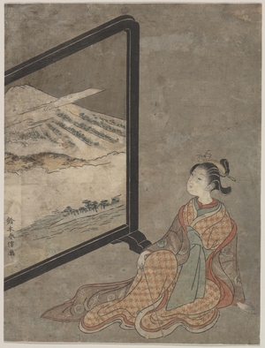 Suzuki Harunobu: Young Woman with a Pipe in Her Hand Gazing at Landscape Painted on a Screen - Metropolitan Museum of Art