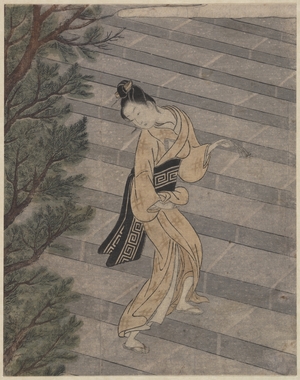 Suzuki Harunobu: Young Woman Climbing Stone Stairs to a Shinto Temple - Metropolitan Museum of Art