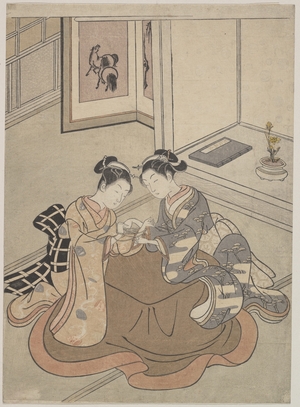 Suzuki Harunobu: Two Young Women Seated by a Kotatsu Playing Cat's Cradle - Metropolitan Museum of Art