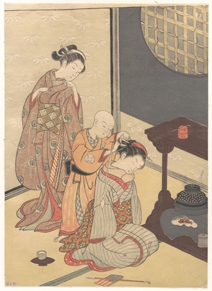 Suzuki Harunobu: Night Rain at the Double-Shelf Stand, from the series Eight Parlor Views (Zashiki hakkei) - Metropolitan Museum of Art