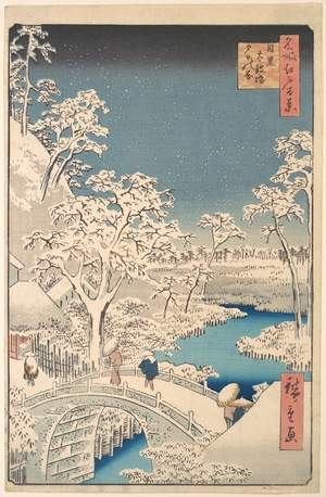 歌川広重: The Taiko (Drum) Bridge and the Yuhi Mound at Meguro - メトロポリタン美術館