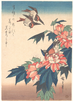 Utagawa Hiroshige: Black-naped Oriole Perched on a Stem of Rose Mallow - Metropolitan Museum of Art