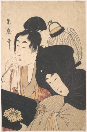 Kitagawa Kikumaro: Young Woman at Night accompanied by a Servant Carrying a Lantern and a Shamisen Box - メトロポリタン美術館