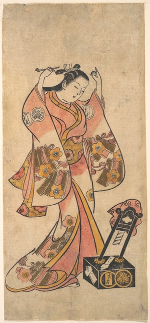 Torii Kiyomasu II: Sanjô Kantarô as a Woman Arranging Her Hair Before a Lacquer Mirror - Metropolitan Museum of Art