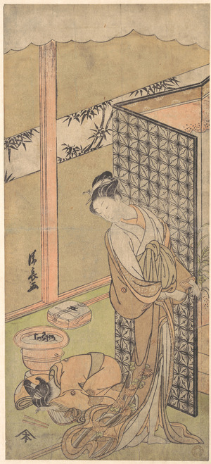 Torii Kiyonaga: An Oiran in Night Attire, pausing, with one Hand on the Screen that Surrounds Her Bed - Metropolitan Museum of Art