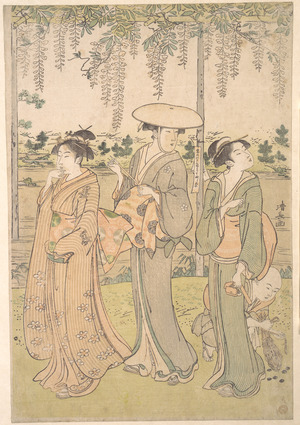 Torii Kiyonaga: Three Women and a Small Boy beneath a Wisteria Arbor on the Bank of a Stream - Metropolitan Museum of Art