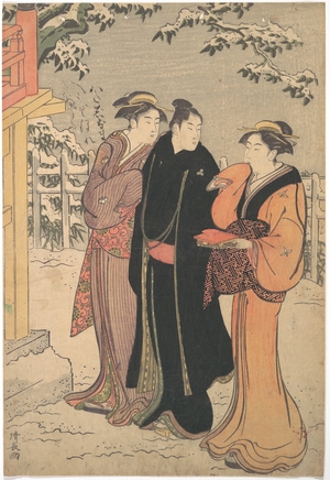 鳥居清長: Man in a Black Haori (Coat) and Two Women Approaching a Temple - メトロポリタン美術館
