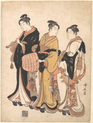 鳥居清長: Three Young Women Masquerading as Komuso (Strolling Minstrel) - メトロポリタン美術館